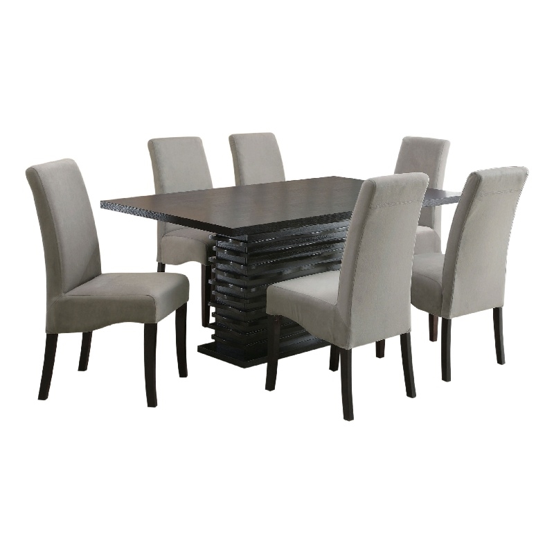 Tela 7pc Dining Table and 6 Chairs Set- Black Pedestal Base- Gray