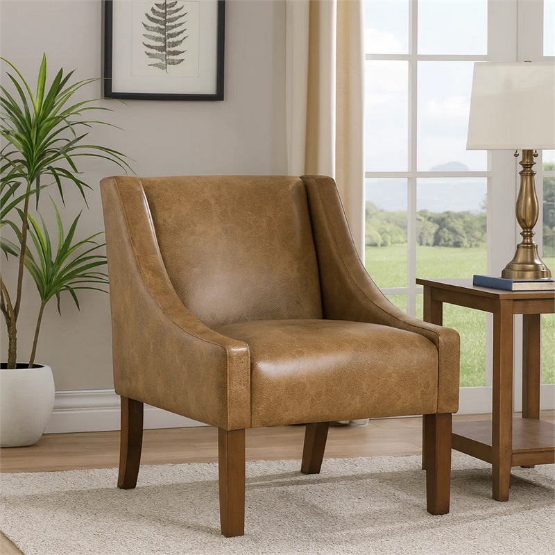 Accent Chair- Distressed Brown Faux Leather with Sloped Arms