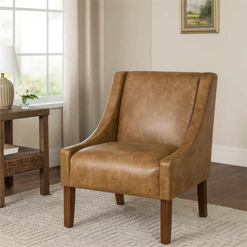 Accent Chair- Distressed Brown Faux Leather with Sloped Arms