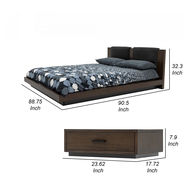 Noe Col King Size Bed with 2 Nightstands- Black Pillow Headboard- Brown