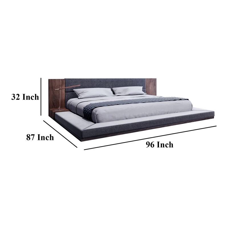Noe Zen Japanese Low Profile Queen Bed w Nightstand- Dark Gray- Walnut