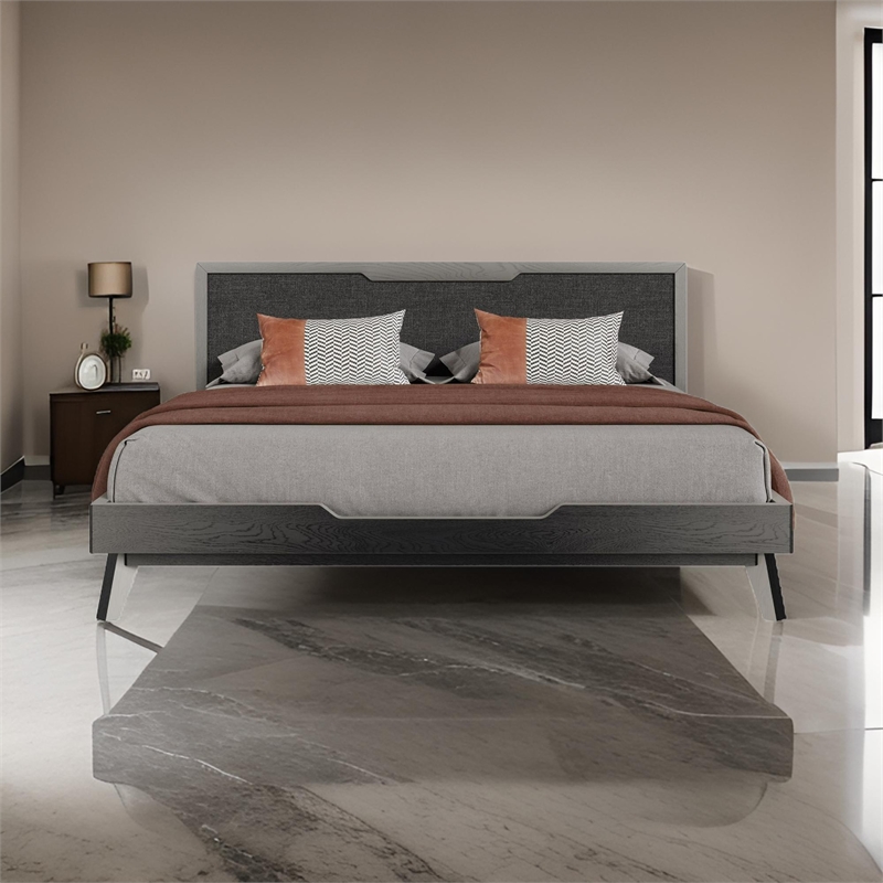 Kiran Queen Size Platform Bed- Gray Upholstered Headboard- Wood Frame