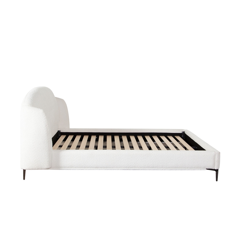 Peli King Size Bed- Low Profile Curved Back Ivory Faux Shearling Upholstery