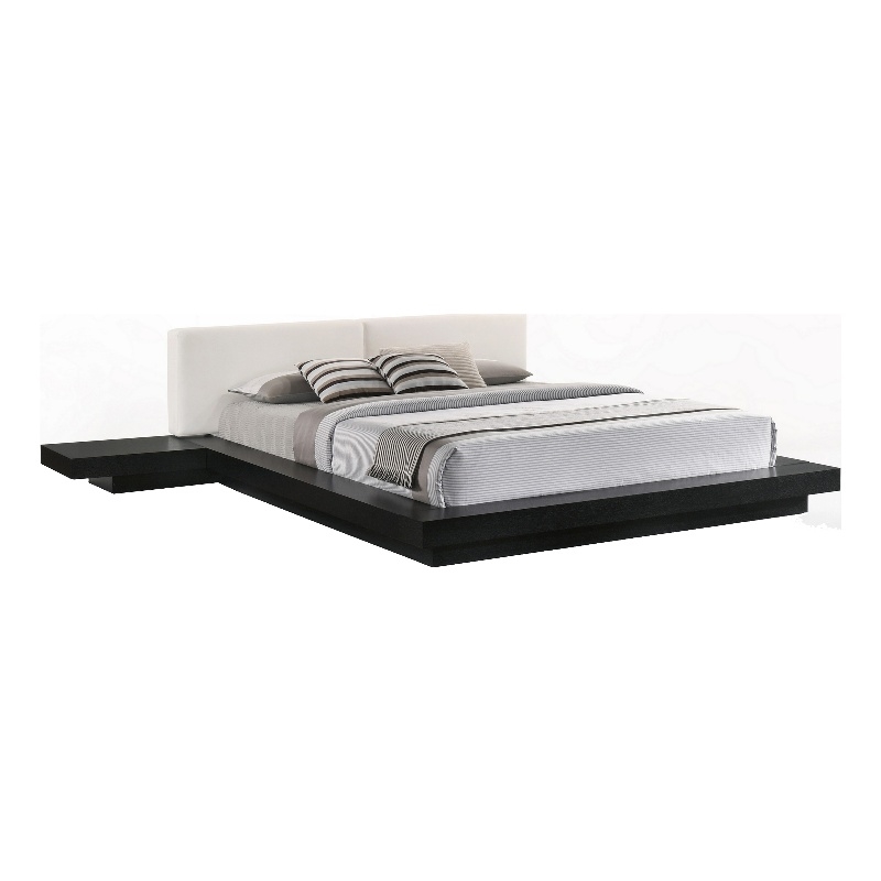 Nia Queen Size Bed- White Faux Leather- Black Low Profile Platform Bed