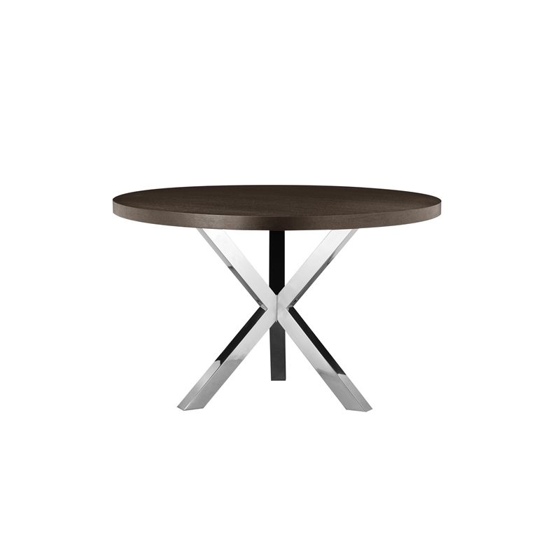 Emi 47 Inch Round Dining Table- X- Cross Brushed Steel- Dark Brown Wood