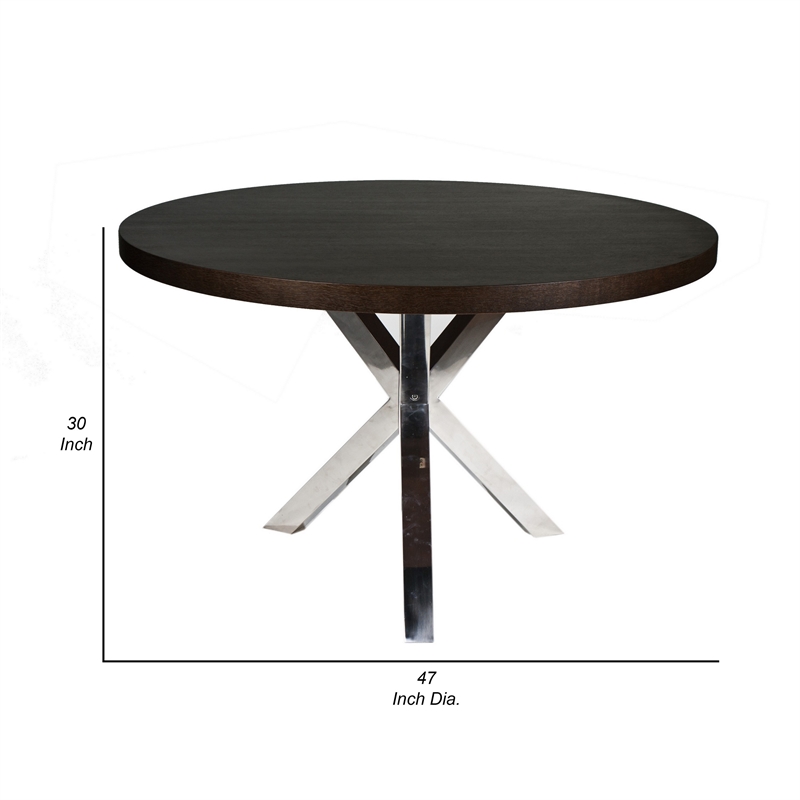 Emi 47 Inch Round Dining Table- X- Cross Brushed Steel- Dark Brown Wood