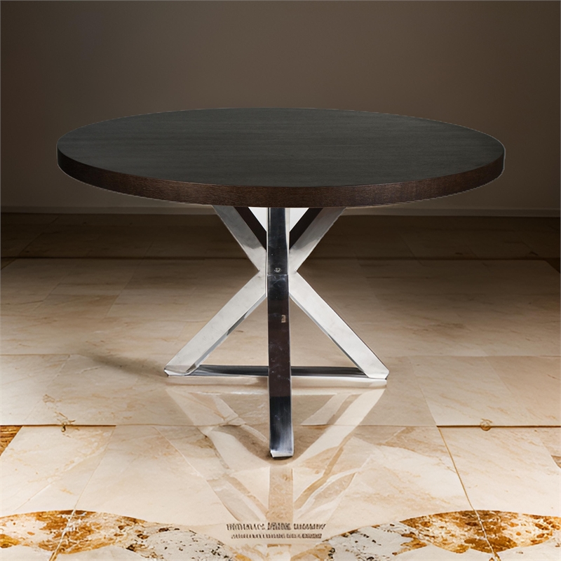 Emi 47 Inch Round Dining Table- X- Cross Brushed Steel- Dark Brown Wood