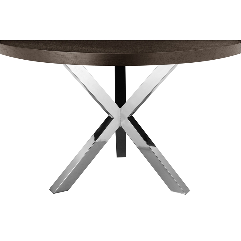 Emi 47 Inch Round Dining Table- X- Cross Brushed Steel- Dark Brown Wood