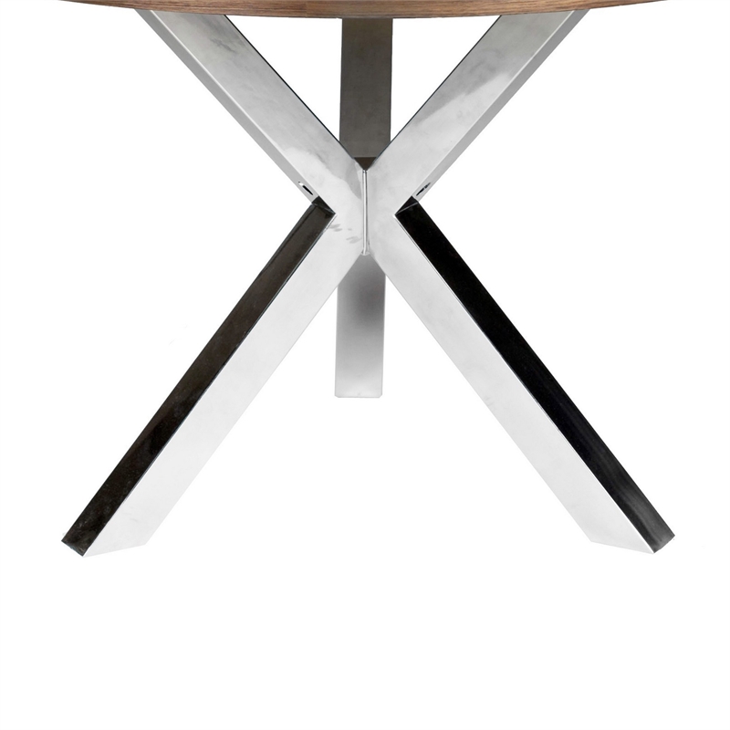 Emi 47 Inch Round Dining Table- X- Cross Brushed Steel- Walnut Brown Wood