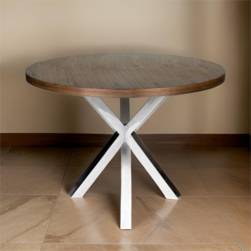 Emi 47 Inch Round Dining Table- X- Cross Brushed Steel- Walnut Brown Wood