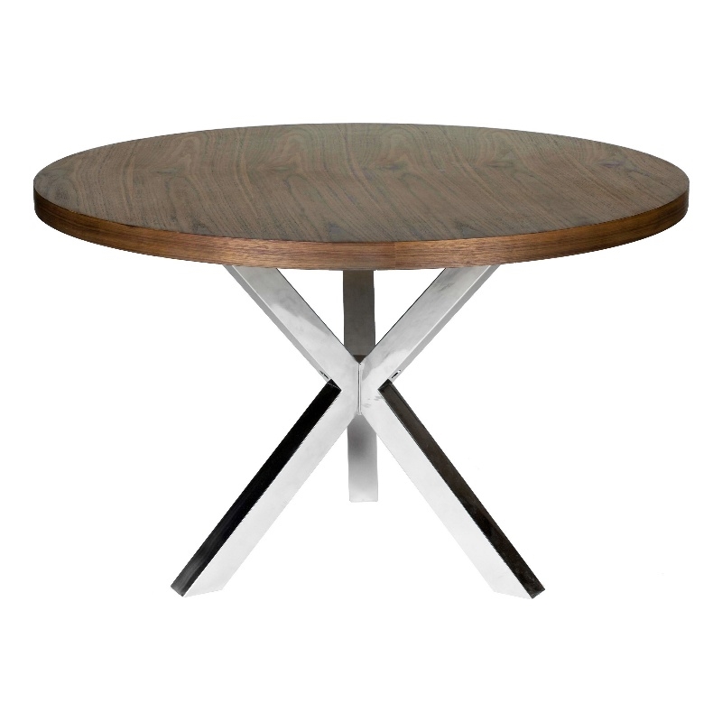 Emi 47 Inch Round Dining Table- X- Cross Brushed Steel- Walnut Brown Wood