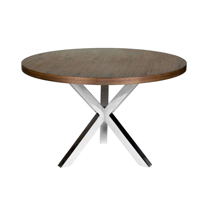 Emi 47 Inch Round Dining Table- X- Cross Brushed Steel- Walnut Brown Wood