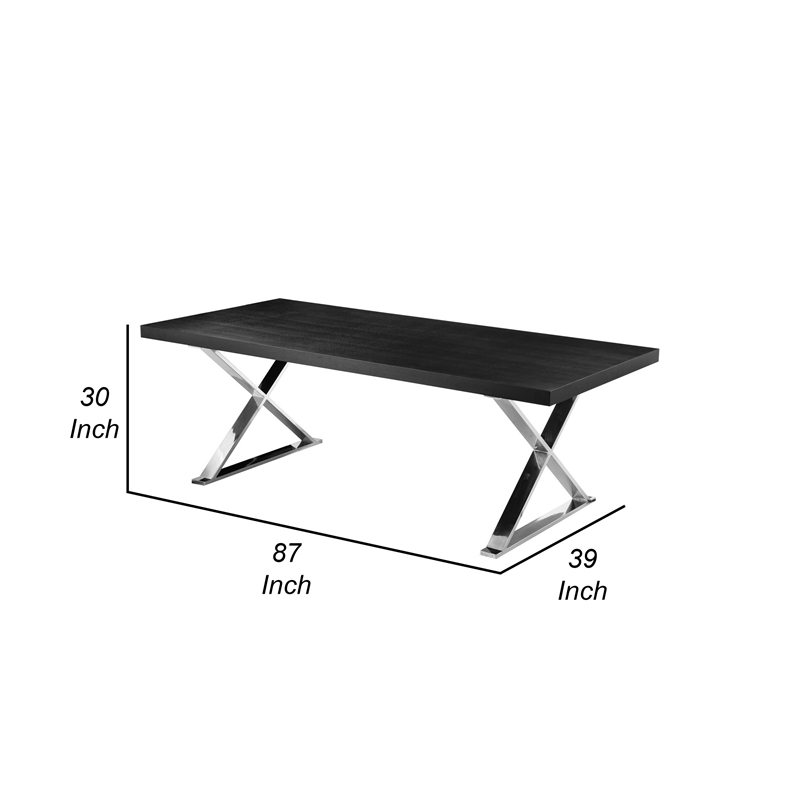 Rix 87 Inch Dining Table- Black Wood Top- X Chrome Finished Steel Legs