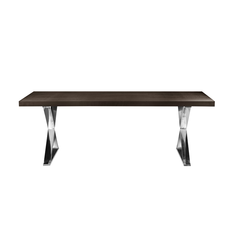 Rix 87 Inch Dining Table- Espresso Brown Wood Top- X Chrome Steel Legs