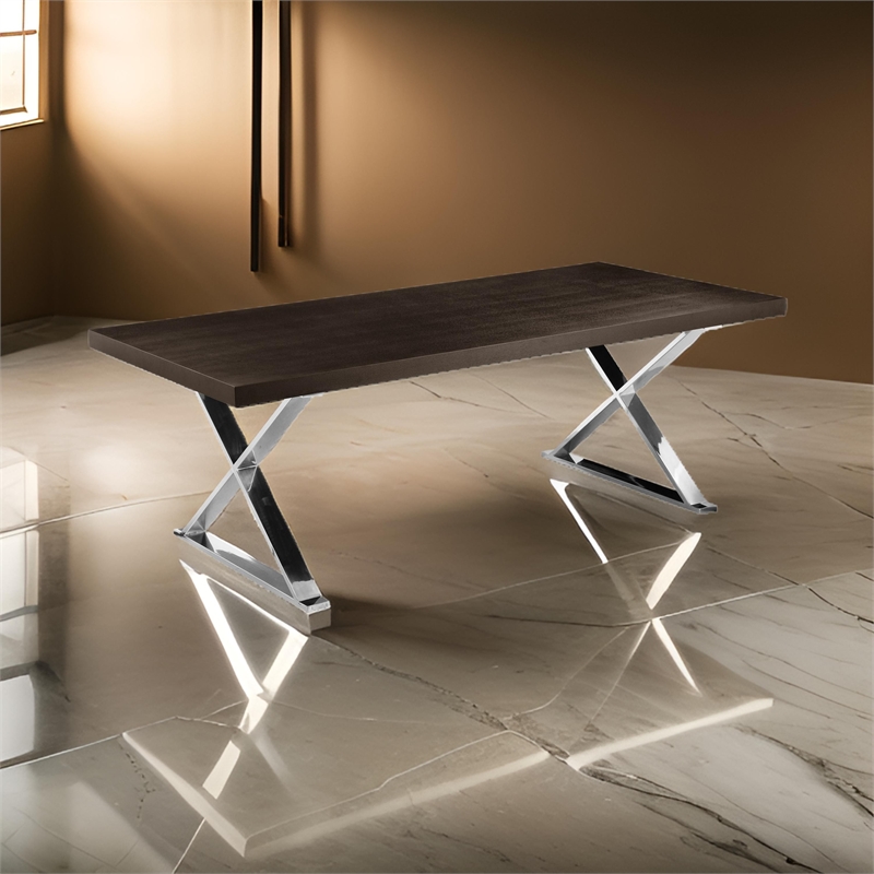 Rix 87 Inch Dining Table- Espresso Brown Wood Top- X Chrome Steel Legs