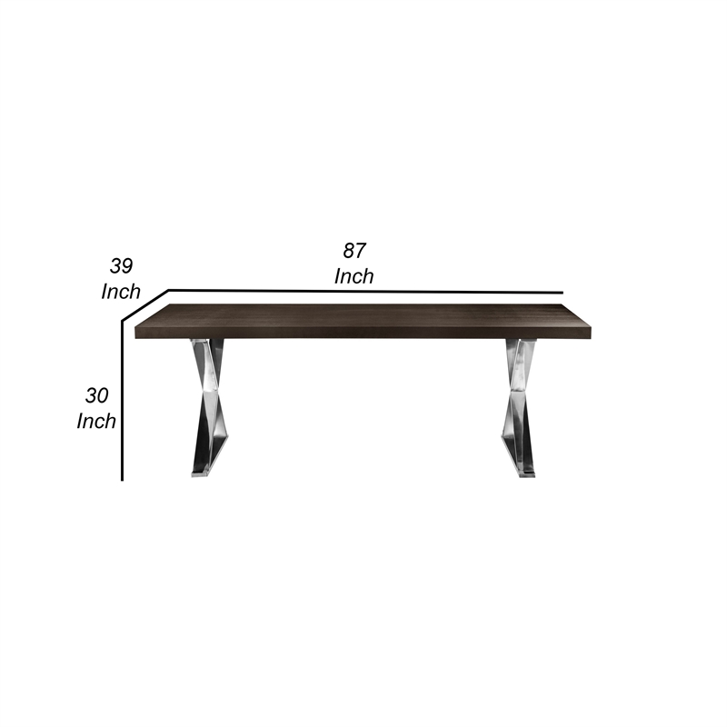Rix 87 Inch Dining Table- Espresso Brown Wood Top- X Chrome Steel Legs