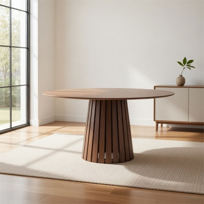 Cid Xeu 54 Inch Dining Table- Round Walnut Veneer- Slatted Pedestal Base