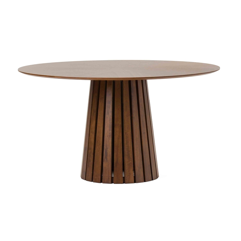 Cid Xeu 54 Inch Dining Table- Round Walnut Veneer- Slatted Pedestal Base