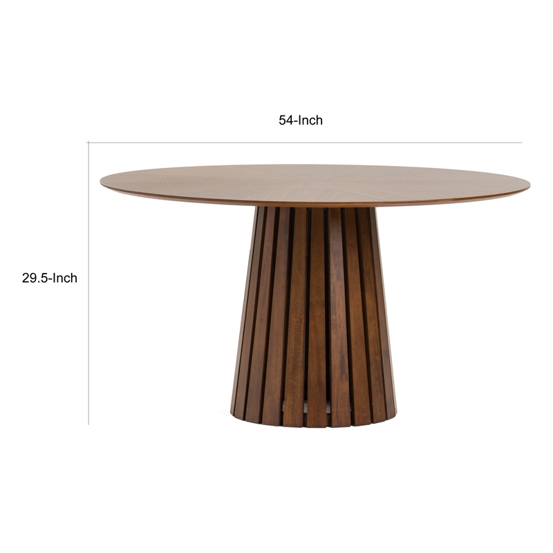 Cid Xeu 54 Inch Dining Table- Round Walnut Veneer- Slatted Pedestal Base