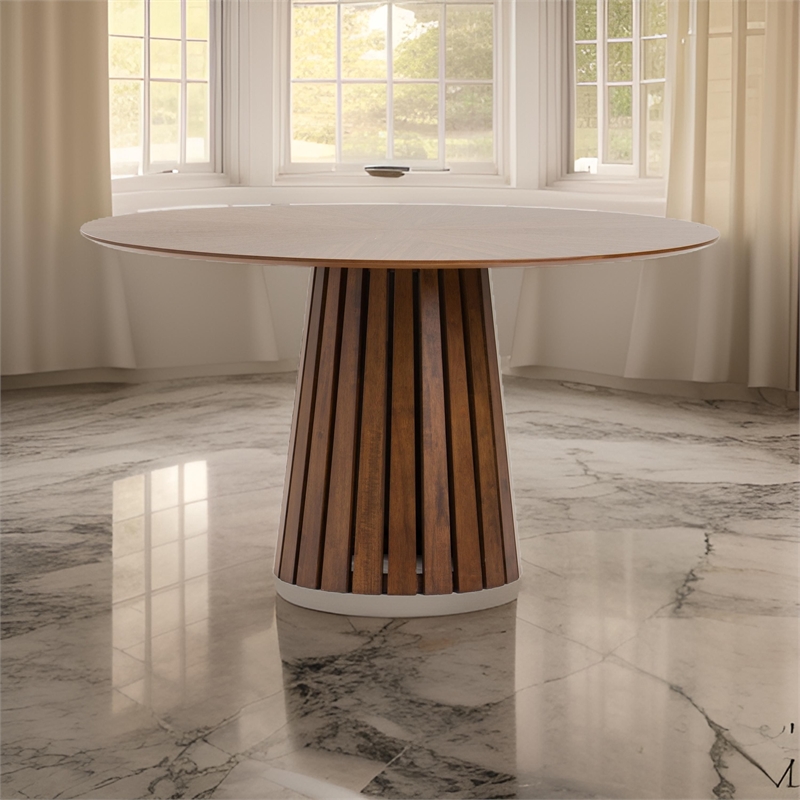 Cid Xeu 54 Inch Dining Table- Round Walnut Veneer- Slatted Pedestal Base