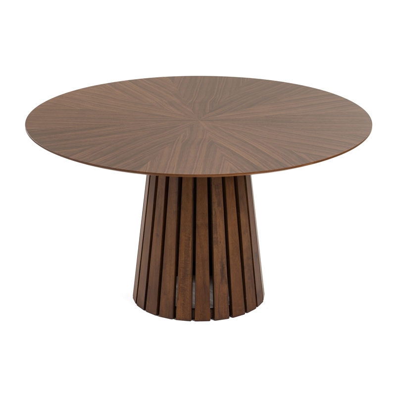 Cid Xeu 54 Inch Dining Table- Round Walnut Veneer- Slatted Pedestal Base