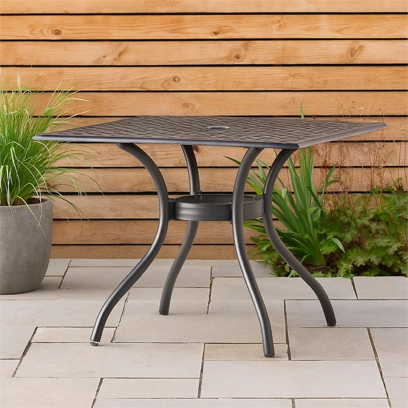 Cay Outdoor Dining Table- 40 Inch Square Top- Black Lattice Metal Design