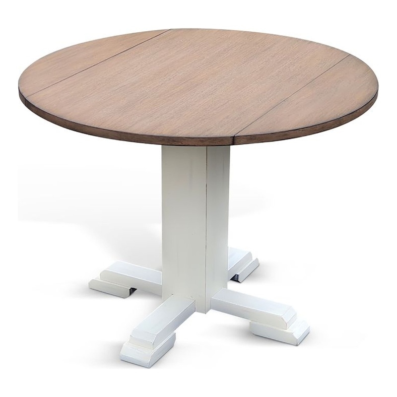 Lemy Round Dining Table w Drop Leaves- 40 Inch Dark Brown Top- White
