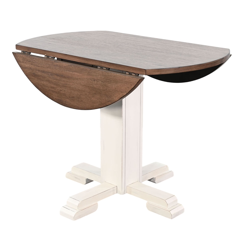 Lemy Round Dining Table w Drop Leaves- 40 Inch Dark Brown Top- White
