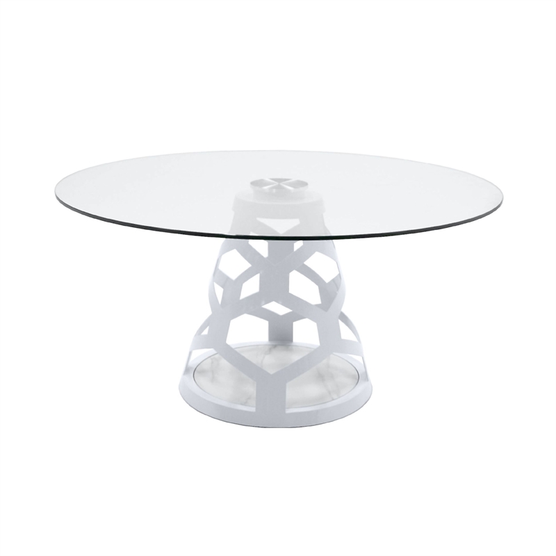 Cid Loku Dining Table- 59 Inch Round Clear Glass Top- White Metal Base