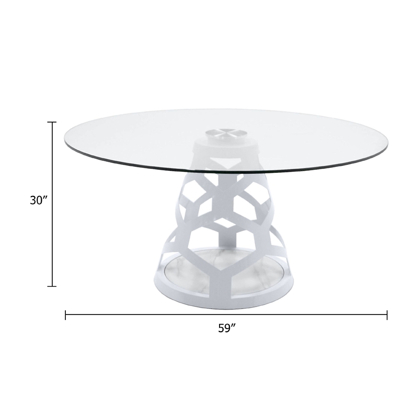 Cid Loku Dining Table- 59 Inch Round Clear Glass Top- White Metal Base