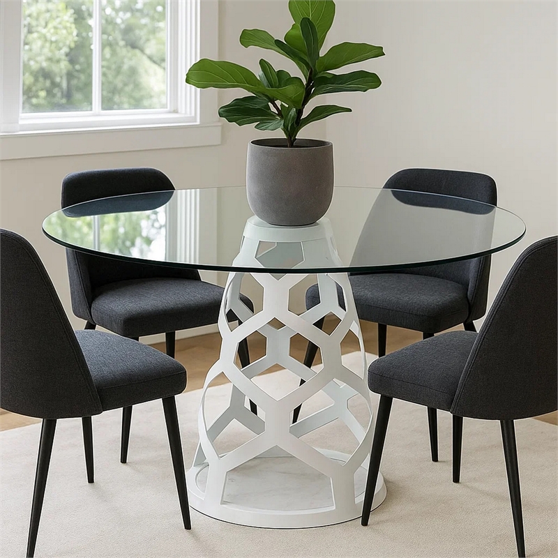 Cid Loku Dining Table- 59 Inch Round Clear Glass Top- White Metal Base