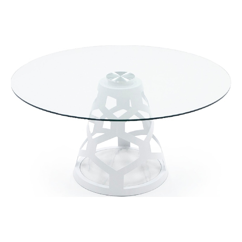 Cid Loku Dining Table- 59 Inch Round Clear Glass Top- White Metal Base