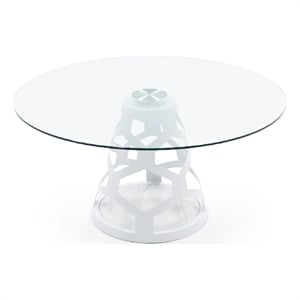 Cid Loku Dining Table- 59 Inch Round Clear Glass Top- White Metal Base