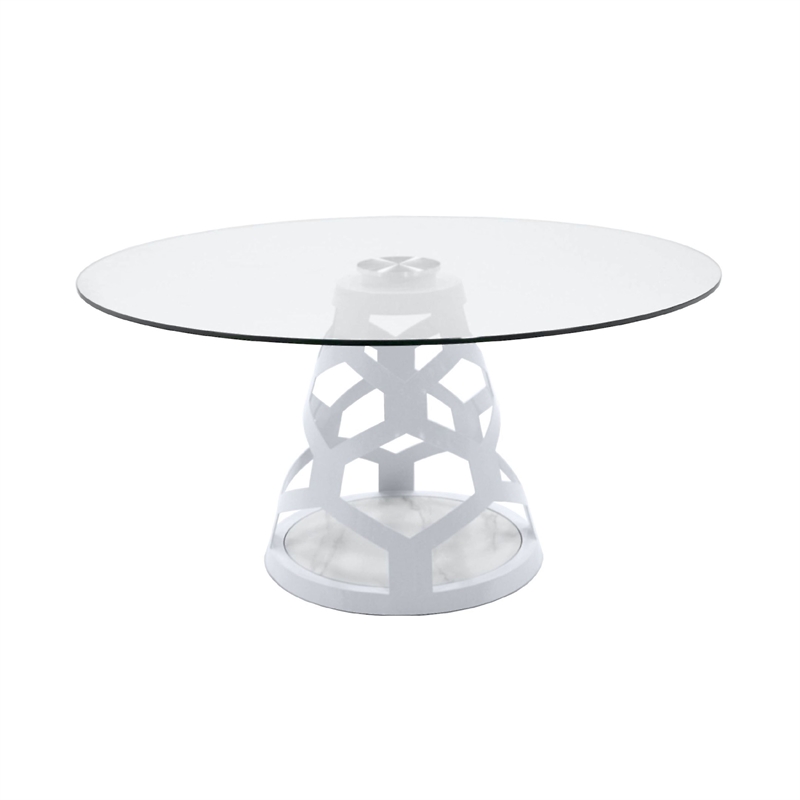 Cid Loku Dining Table- 59 Inch Round Clear Glass Top- White Metal Base