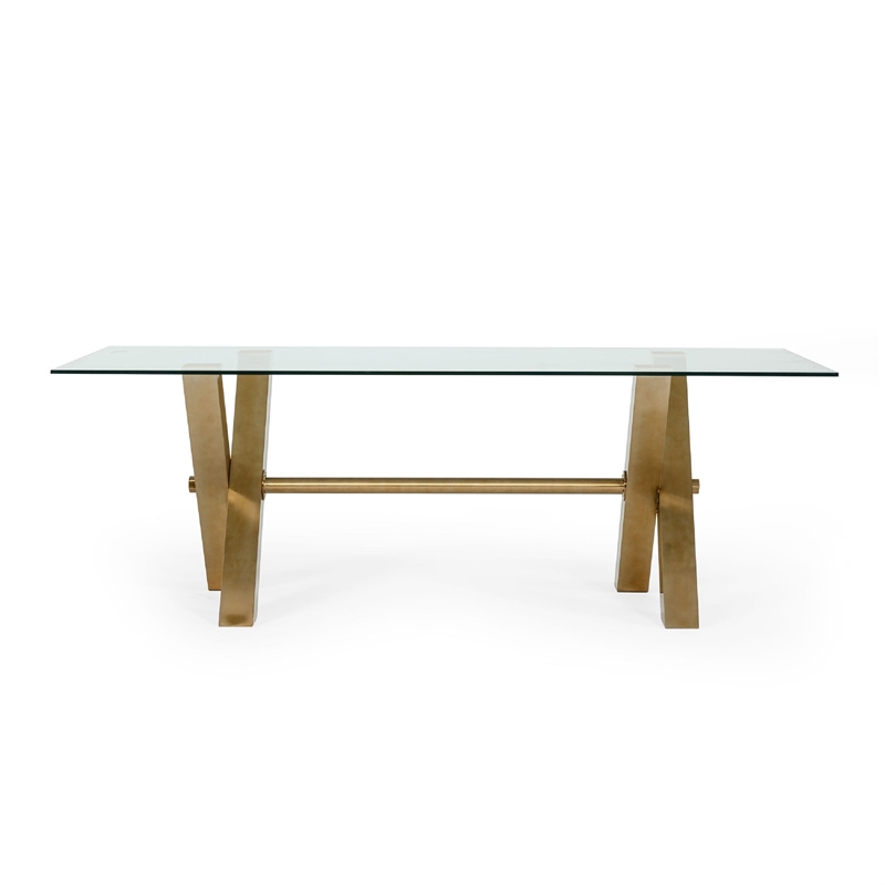 Cid Dogi Dining Table- 87 Inch Glass Top- Brushed Gold X-Frame Legs