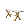 Cid Dogi Dining Table- 87 Inch Glass Top- Brushed Gold X-Frame Legs