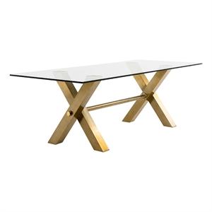 Cid Dogi Dining Table- 87 Inch Glass Top- Brushed Gold X-Frame Legs