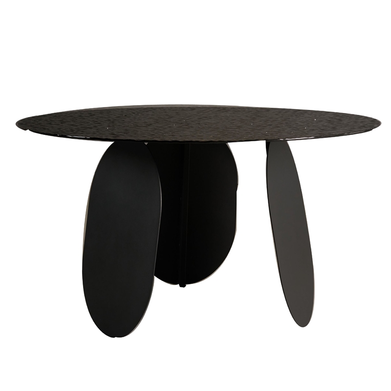 Cid Axen Dining Table- 53 Inch Gray Hammered Glass Top- Black Iron