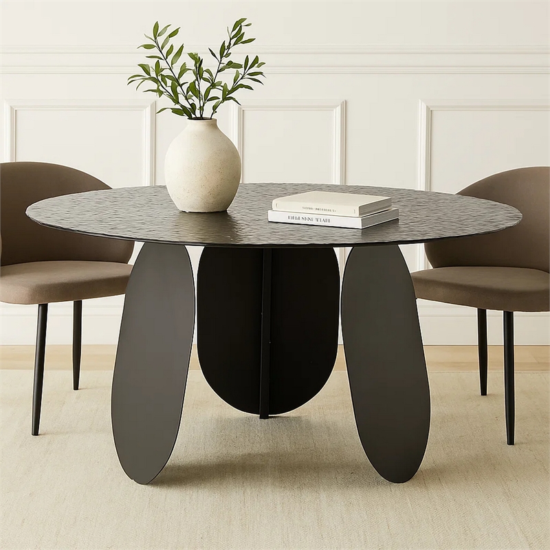 Cid Axen Dining Table- 53 Inch Gray Hammered Glass Top- Black Iron
