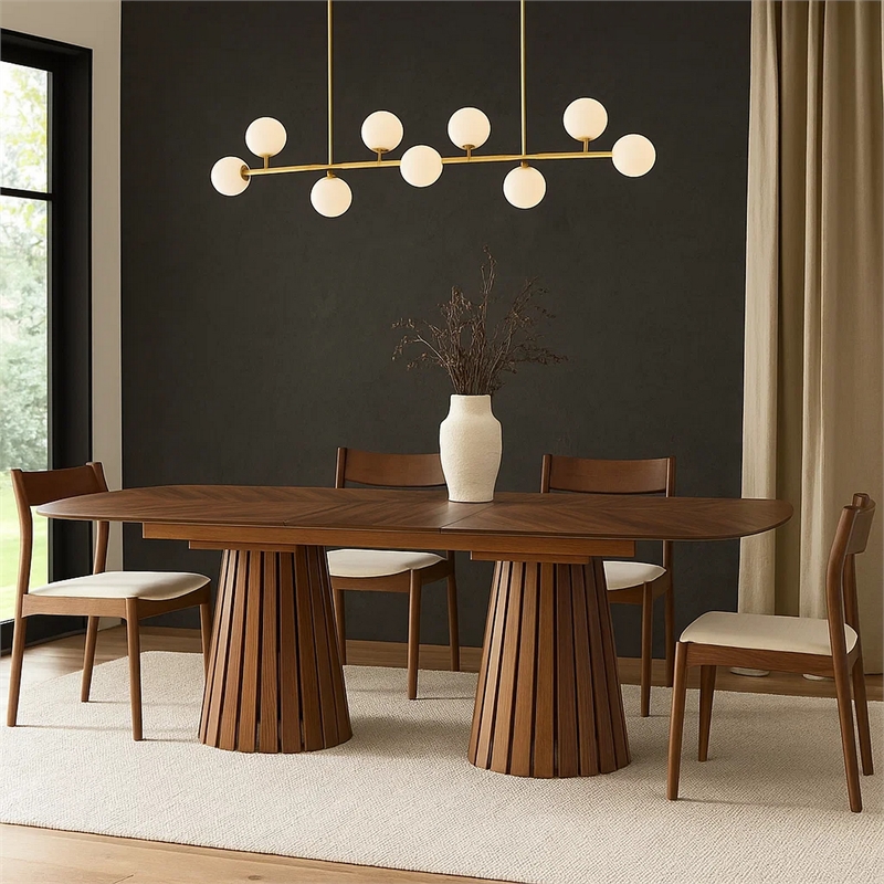 Cid Naj Dining Table- 95-118 Inch Extendable Top- Walnut Brown Solid Wood