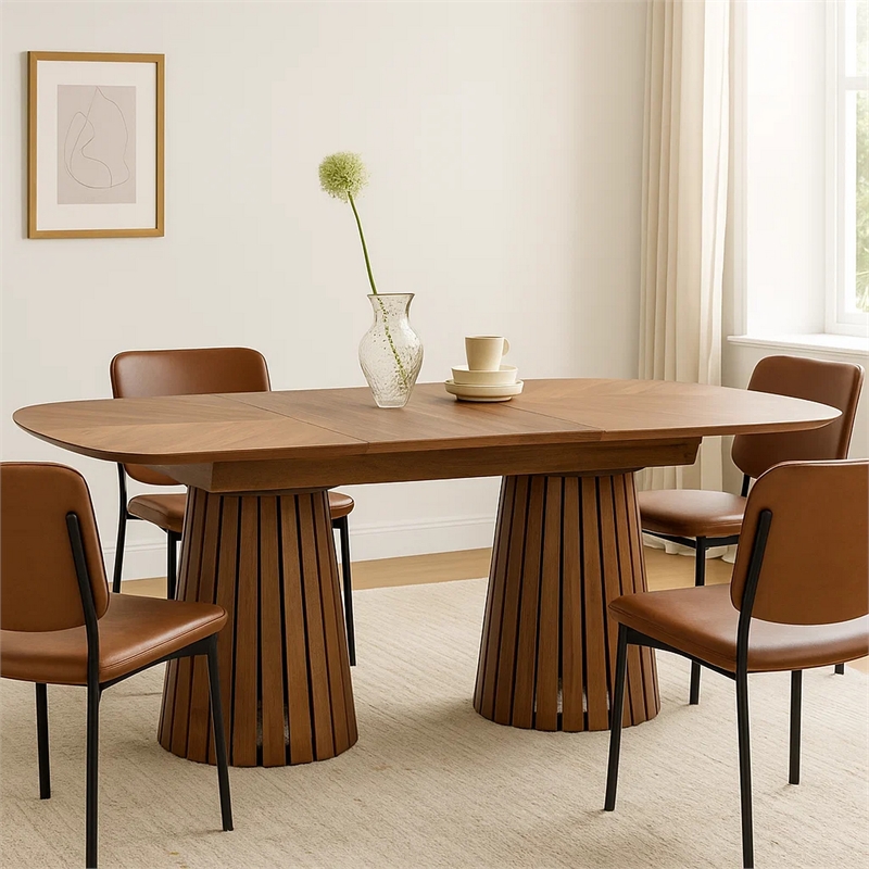 Cid Naj Dining Table- 95-118 Inch Extendable Top- Walnut Brown Solid Wood