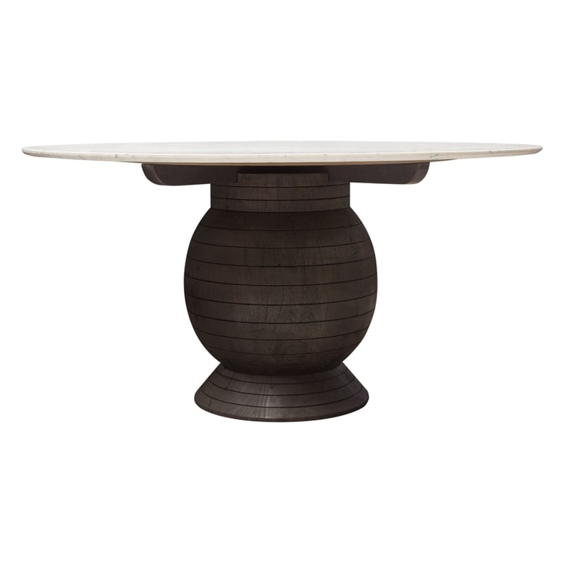 Hizy Dining Table- 60 Inch- Round White Marble Top- Acacia Wood Base