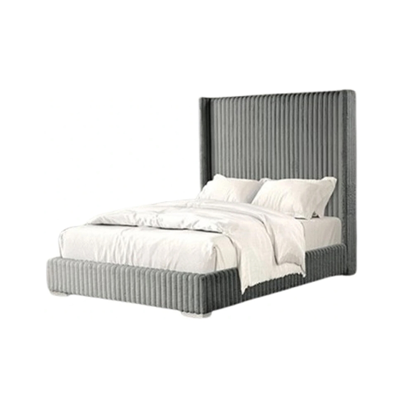 Wolo Twin Bed-Gray Fur Chenille Ribbed Upholstery-Wing Headboard