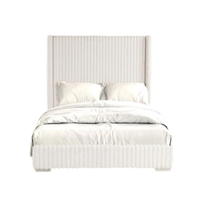 Wolo Full Bed-White Fur Chenille Ribbed Upholstery-Wing Headboard