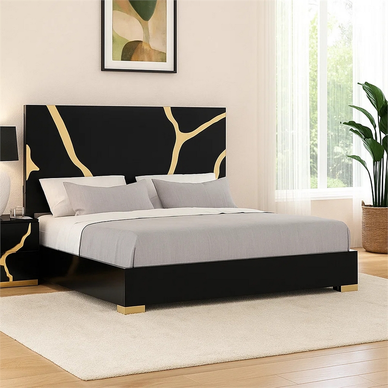 Goldie Queen Size Bed-Gold and Black Contemporary Bed-Solid Wood