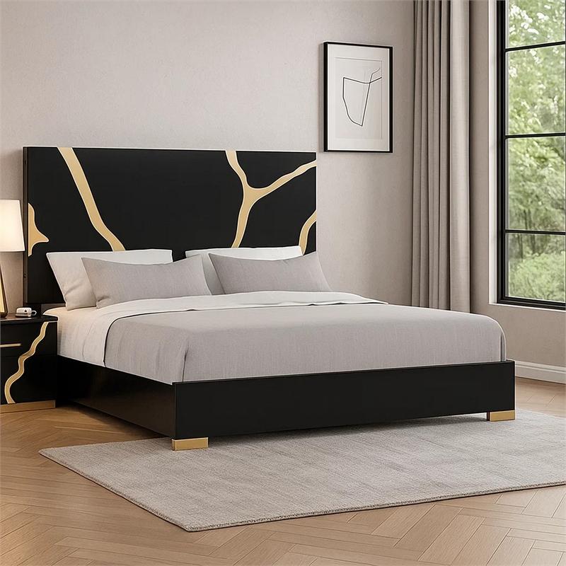 Goldie Queen Size Bed-Gold and Black Contemporary Bed-Solid Wood