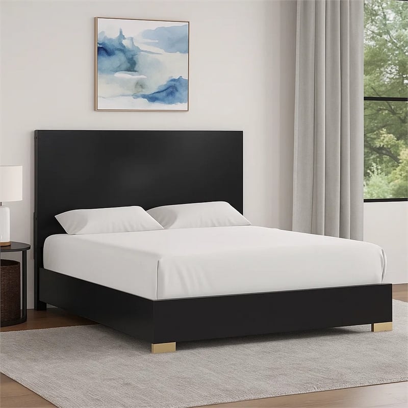 Goldie Queen Size Panel Bed-Black and Gold Pine Wood-Contemporary