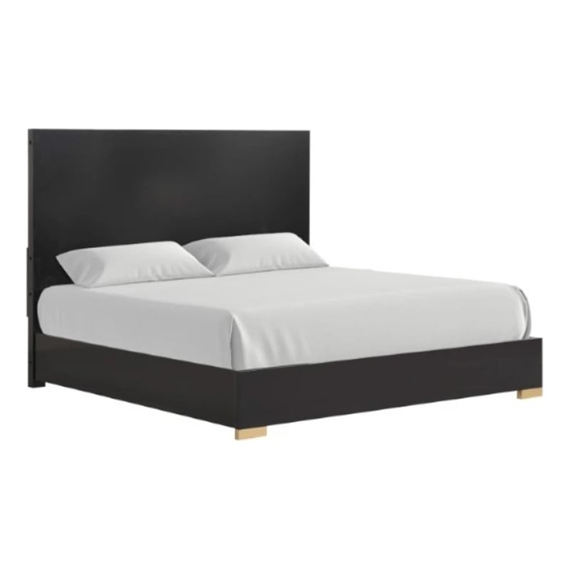 Goldie Queen Size Panel Bed-Black and Gold Pine Wood-Contemporary