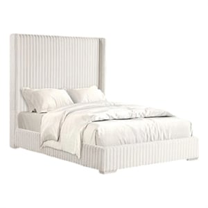 Wolo Queen Bed-White Fur Chenille Ribbed Upholstery-Wing Headboard