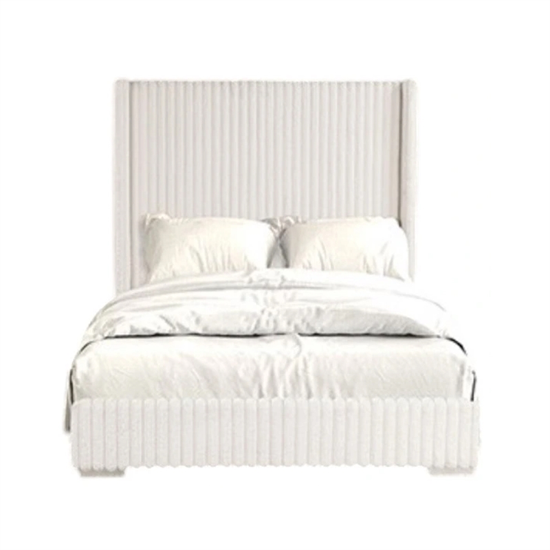 Wolo Twin Bed-White Fur Chenille Ribbed Upholstery-Wing Headboard